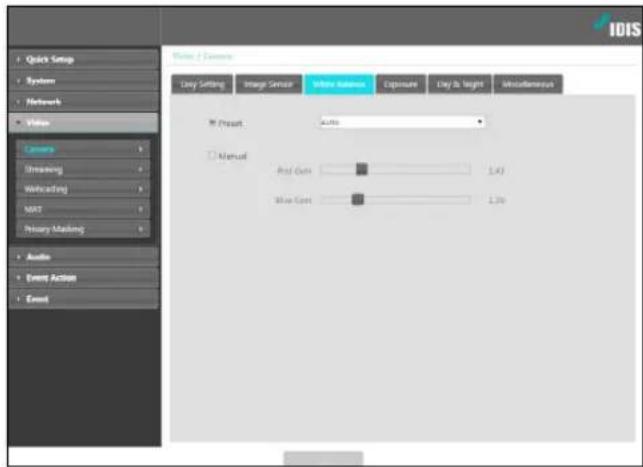 Quick Setup System Network Value Camera Blending Modeling NAT Primary Masking Audio Event Action Event View / Camera Easy Setting Image Sensor With Reference Exposure Clay & Light Miscellaneous M Prout: Auto Manual Print Color: 1.43 Blue Color: 1.29 IDIS