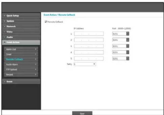 Event Action / Remote Callback ✓ Remote Callback IP Address Port (8000-12000) 1 B701 2 B301 3 B201 4 B201 5 B301 Entry 1 Stop