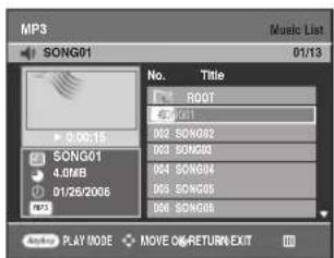 MP3 SONG01 01/13 No. Title ROOT 01 002 SONG02 003 SONG03 004 SONG04 005 SONG05 006 SONG06 Play MODE MOVE OK/RETURN EXIT