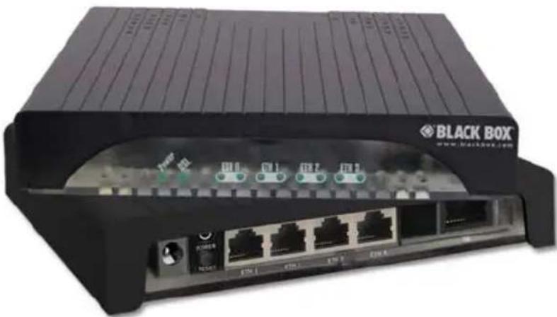 Black Box network device with multiple Ethernet ports and ventilation slots (no visible text or symbols on main body)