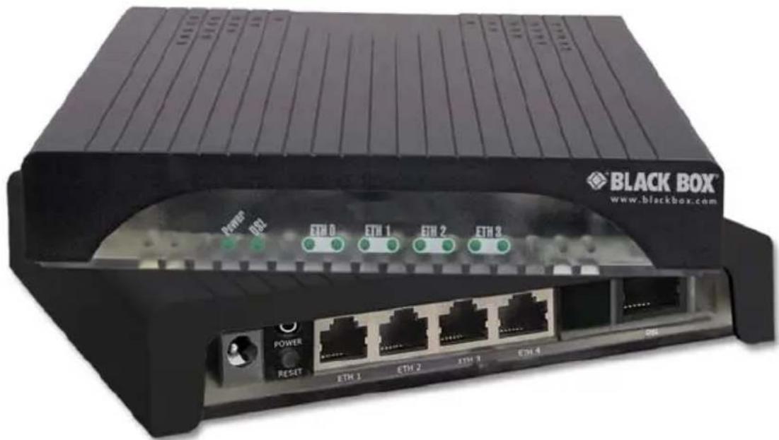 Black Box network device with Ethernet ports and power indicator (no readable text or symbols beyond labels)