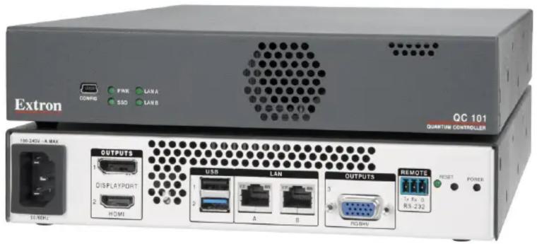 Extron CONFIG PWR LANA SSO LANB 100-245V - A MAX OUTPUTS 1 DISPLAYPORT 2 HDMI USB 1 LAN 2 A 0 OUTPUTS 3 HOSIN REMOTE 7x Fx 0 RS-232 RESET POWER QC 101 QUANTUM CONTROLLER