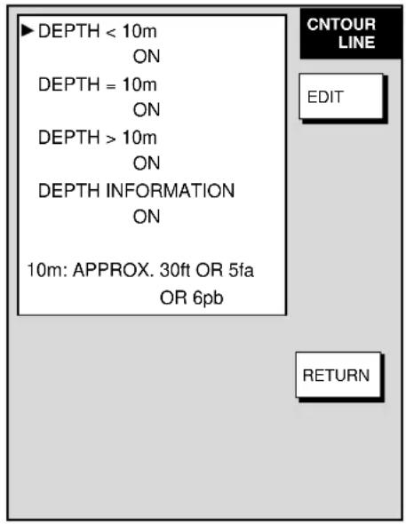 DEPTH < 10m ON DEPTH = 10m ON DEPTH > 10m ON DEPTH INFORMATION ON 10m: APPROX. 30ft OR 5fa OR 6pb CNTOUR LINE EDIT RETURN