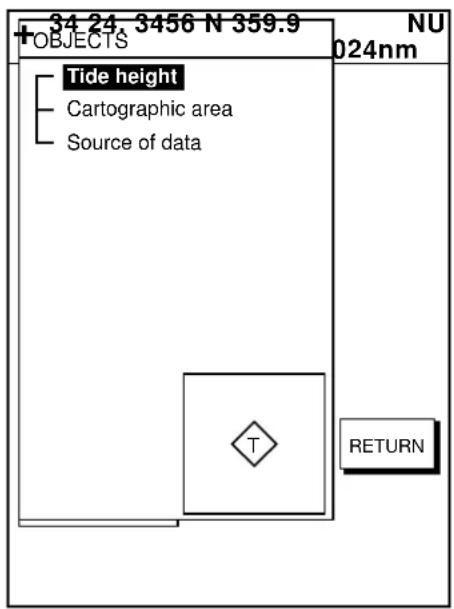 +34 24 3456 N 359.9 +OBJECTS Tide height Cartographic area Source of data 024nm T RETURN