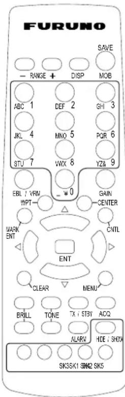 FURUNO SAVE - RANGE + DISP MOB ABC 1 DEF 2 GH 3 JKL 4 MNO 5 POR 6 STU 7 VWX 8 YZ& 9 EBL / VRN WPT #0 GAIN CENTER MARK ENT CNTL ENT CLEAR MENU BRILL TONE TX / STBY ACQ ALAR HDE / SHDX SK3SK1 SKK2 SK5