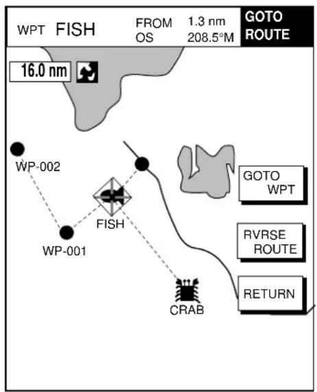 WPT FISH FROM 1.3 nm GOTO OS 208.5°M ROUTE 16.0 nm WP-002 FISH WP-001 CRAB GOTO WPT RVRSE ROUTE RETURN