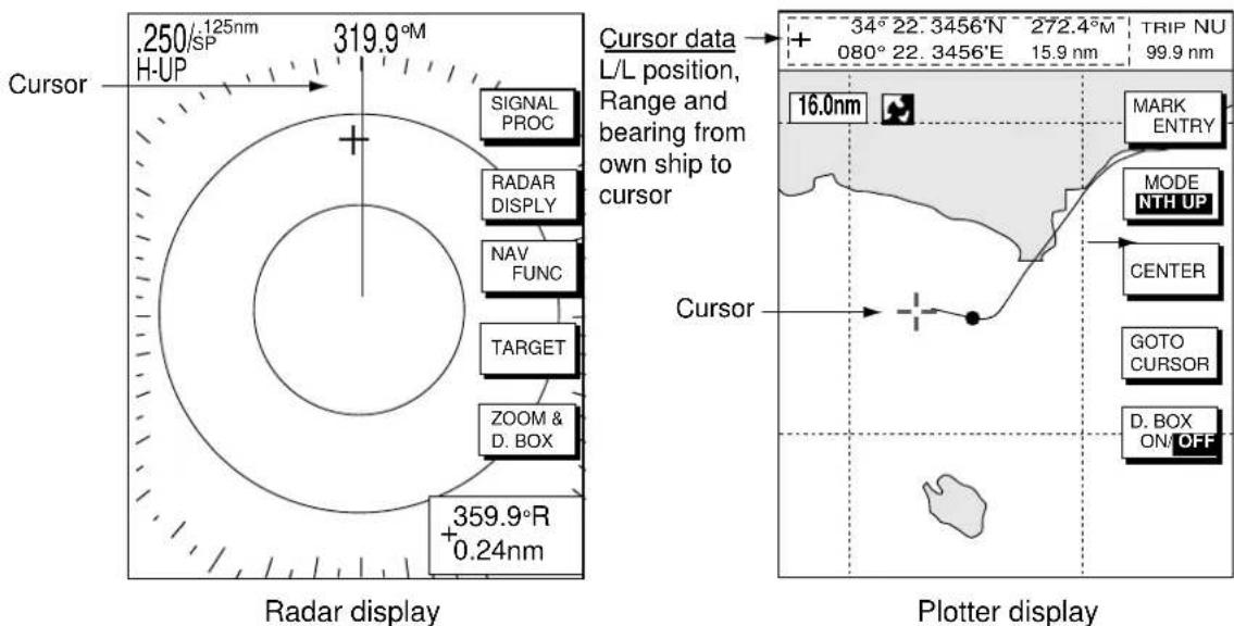 .250/125nm H-UP 319.9°M Cursor Signal PROC RADAR DISPLAY NAV FUNC TARGET ZOOM & D. BOX 359.9°R +0.24nm Radar display Cursor data L/L position, Range and bearing from own ship to cursor 34° 22. 3456'N ~ 272.4°M 080° 22. 3456'E 15.9 nm TRIP NU 99.9 nm 16.0nm Marker ENTRY MODE NTH UP CENTER GOTO CURSOR D. BOX ON/OFF Plotter display