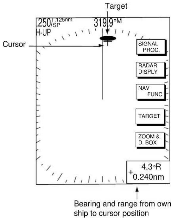 .250/SP 125nm H-UP 319.9°M Target Cursor SIGNAL PROC. RADAR DISPLAY NAV FUNC TARGET ZOOM & D. BOX 4.3°R + 0.240nm Bearing and range from own ship to cursor position