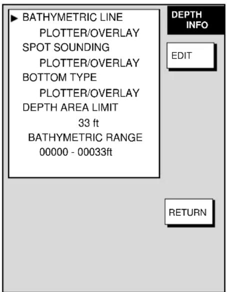 BATHYMETRIC LINE PLOTTER/OVERLAY SPOT SOUNDING PLOTTER/OVERLAY BOTTOM TYPE PLOTTER/OVERLAY DEPTH AREA LIMIT 33 ft BATHYMETRIC RANGE 00000 - 00033ft DEPTH INFO EDIT RETURN