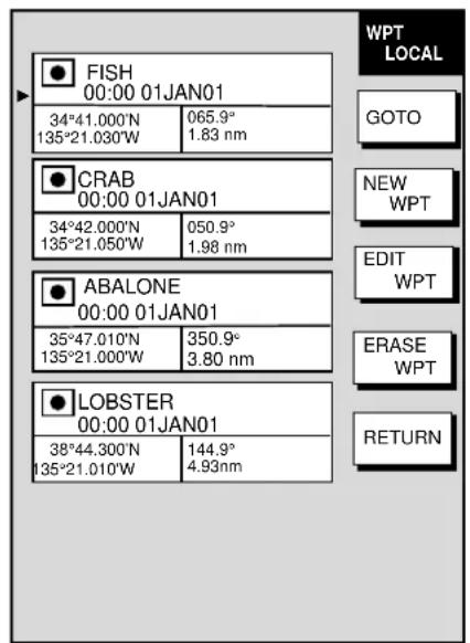 FISH 00:00 01JAN01 34°41.000'N 135°21.030'W 065.9° 1.83 nm CRAB 00:00 01JAN01 34°42.000'N 135°21.050'W 050.9° 1.98 nm ABALONE 00:00 01JAN01 35°47.010'N 135°21.000'W 350.9° 3.80 nm LOBSTER 00:00 01JAN01 38°44.300'N 135°21.010'W 144.9° 4.93nm WPT LOCAL GOTO NEW WPT EDIT WPT ERASE WPT RETURN