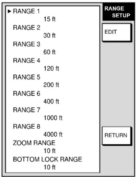 RANGE 1 15 ft RANGE 2 30 ft RANGE 3 60 ft RANGE 4 120 ft RANGE 5 200 ft RANGE 6 400 ft RANGE 7 1000 ft RANGE 8 4000 ft ZOOM RANGE 10 ft BOTTOM LOCK RANGE 10 ft RANGE SETUP EDIT RETURN