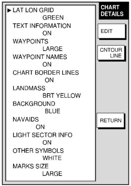 LAT LON GRID GREEN TEXT INFORMATION ON WAYPOINTS LARGE WAYPOINT NAMES ON CHART BORDER LINES ON LANDMASS BRT YELLOW BACKGROUND BLUE NAVAIDS ON LIGHT SECTOR INFO ON OTHER SYMBOLS WHITE MARKS SIZE LARGE CHART DETAILS EDIT CNTOUR LINE RETURN
