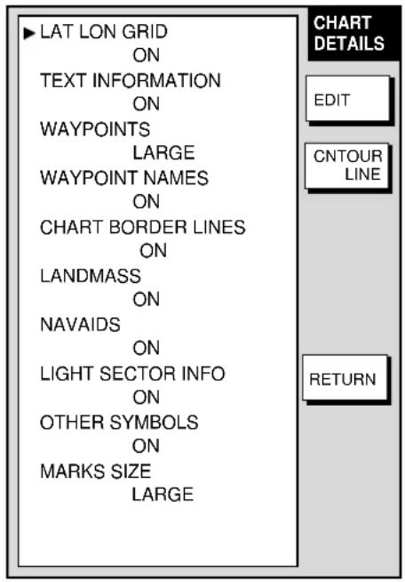 LAT LON GRID ON TEXT INFORMATION ON WAYPOINTS LARGE WAYPOINT NAMES ON CHART BORDER LINES ON LANDMASS ON NAVAIDS ON LIGHT SECTOR INFO ON OTHER SYMBOLS ON MARKS SIZE LARGE CHART DETAILS EDIT CNTOUR LINE RETURN