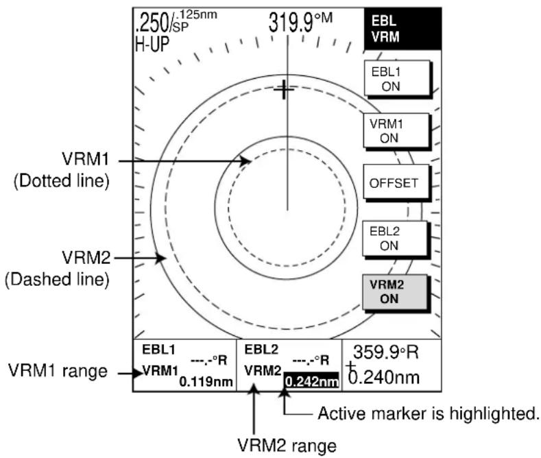 .250/125nm H-UP 319.9°M EBL VRM EBL1 ON VRM1 ON OFFSET EBL2 ON VRM2 ON VRM1 (Dotted line) VRM2 (Dashed line) VRM1 range EBL1 ---.°R VRM1 0.119nm EBL2 ---.°R VRM2 0.242nm 359.9°R +0.240nm Active marker is highlighted. VRM2 range