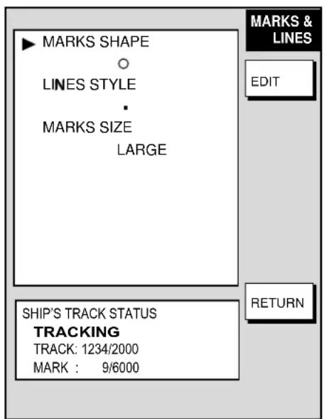 MARKS SHAPE ○ LINES STYLE • MARKS SIZE LARGE MARKS & LINES EDIT SHIP'S TRACK STATUS TRACKING TRACK: 1234/2000 MARK : 9/6000 RETURN