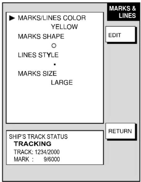MARKS/LINES COLOR YELLOW MARKS SHAPE ○ LINES STYLE ▪ MARKS SIZE LARGE MARKS & LINES EDIT SHIP'S TRACK STATUS TRACKING TRACK: 1234/2000 MARK : 9/6000 RETURN