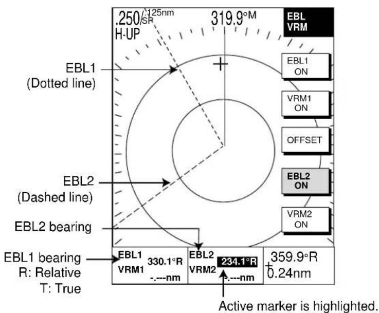 .250 125nm H-UP 319.9°M EBL VRM EBL1 (On) Dotted line EBL2 (Dashed line) EBL2 bearing EBL1 bearing R: Relative T: True EBL1 VRM1 330.1°R ----nm EBL2 VRM2 234.1°R ----nm 359.9°R 0.24nm Active marker is highlighted.