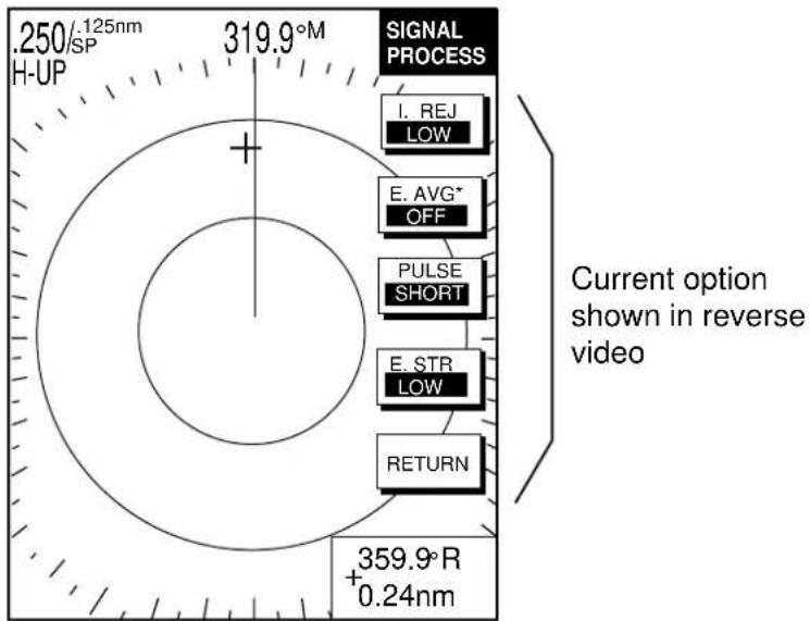 .250/125nm H-UP 319.9°M SIGNAL PROCESS I. REJ LOW E. AVG* OFF PULSE SHORT E. STR LOW RETURN +359.9°R +0.24nm Current option shown in reverse video