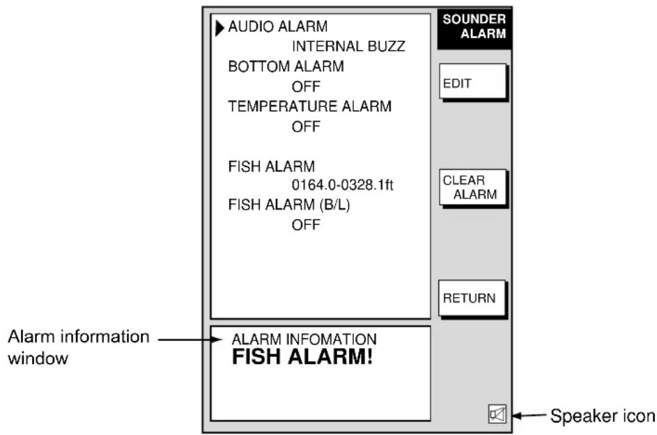 AUDIO ALARM INTERNAL BUZZ BOTTOM ALARM OFF TEMPERATURE ALARM OFF FISH ALARM 0164.0-0328.1ft FISH ALARM (B/L) OFF SOUNDER ALARM EDIT CLEAR ALARM RETURN Alarm information window ALARM INFOMATION FISH ALARM! Speaker icon
