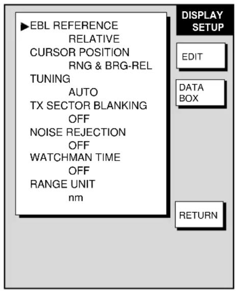 EBL REFERENCE RELATIVE CURSOR POSITION RNG & BRG-REL TUNING AUTO TX SECTOR BLANKING OFF NOISE REJECTION OFF WATCHMAN TIME OFF RANGE UNIT nm DISPLAY SETUP EDIT DATA BOX RETURN