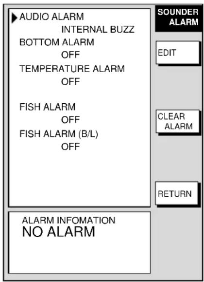 AUDIO ALARM INTERNAL BUZZ BOTTOM ALARM OFF TEMPERATURE ALARM OFF FISH ALARM OFF FISH ALARM (B/L) OFF SOUNDER ALARM EDIT CLEAR ALARM RETURN ALARM INFOMATION NO ALARM