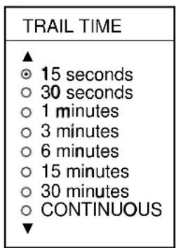 TRAIL TIME ▲ ○ 15 seconds ○ 30 seconds ○ 1 minutes ○ 3 minutes ○ 6 minutes ○ 15 minutes ○ 30 minutes ○ CONTINUOUS ▼