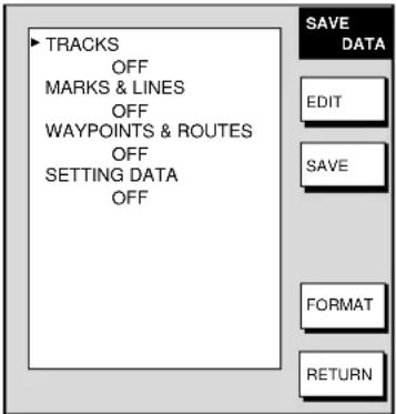 TRACKS OFF MARKS & LINES OFF WAYPOINTS & ROUTES OFF SETTING DATA OFF SAVE DATA EDIT SAVE FORMAT RETURN