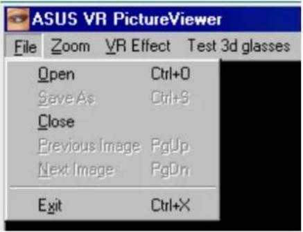 ASUS VR PictureViewer File Zoom VR Effect Test 3d glasses Open Ctrl+0 Save As Ctrl+S Close Previous Image PgUp Next Image PgDn Exit Ctrl+X