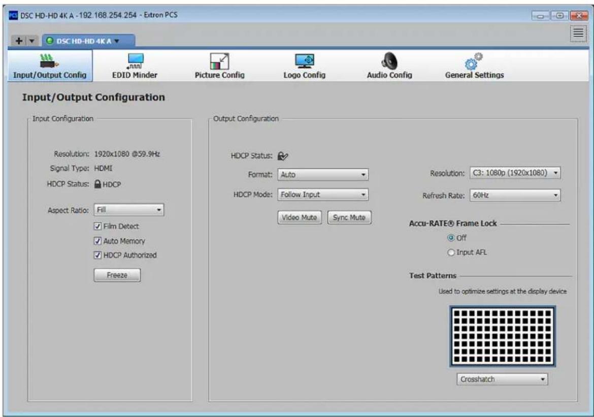 DSC HD-HD 4K A -192.168.254.254 - Extron PCS Input/Output Config EDID Minder Picture Config Logo Config Audio Config General Settings Input/Output Configuration Input Configuration Resolution: 1920x1080 @59.9Hz Signal Type: HDMI HDCP Status: HDCP Aspect Ratio: Fill ✓ Film Detect ✓ Auto Memory ✓ HDCP Authorized Freeze Output Configuration HDCP Status: Format: Auto HDCP Mode: Follow Input Video Mute Sync Mute Resolution: C3: 1080p (1920x1080) Refresh Rate: 60Hz Accu-RATE® Frame Lock Off Input AFL Test Patterns Used to optimize settings at the display device Crosshatch