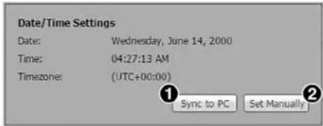 Date/Time Settings Date: Wednesday, June 14, 2000 Time: 04:27:13 AM Timezone: (UTC+00:00) Sync to PC Set Manually