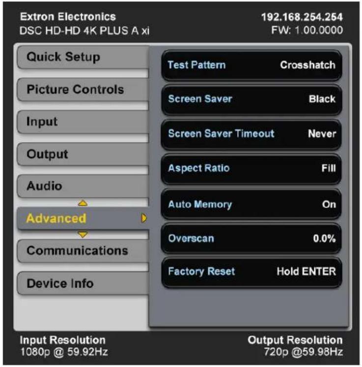 Extron Electronics 192.168.254.254 DSC HD-HD 4K PLUS A xi FW: 1.00.0000 Quick Setup Picture Controls Input Output Audio Advanced Communications Device Info Test Pattern Crosshatch Screen Saver Black Screen Saver Timeout Never Aspect Ratio Fill Auto Memory On Overscan 0.0% Factory Reset Hold ENTER Input Resolution 1080p @ 59.92Hz Output Resolution 720p @59.98Hz
