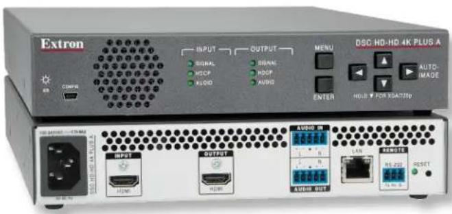 Extron INPUT SIGNAL HDCP AUDIO OUTPUT MENI SIGNAL HDCP AUDIO DSC HD-HD 4K PLUS A AUTO-IMADE ENTER HOLI FOR XBA725p INPUT OUTPUT AUDIO LAN REMOTE RS-220 RESET AUDIO OUT