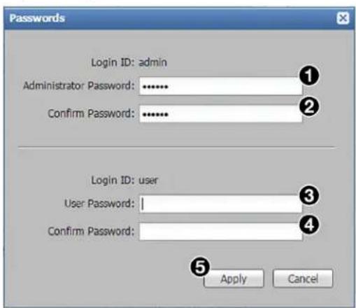 Passwords Login ID: admin Administrator Password: .......... Confirm Password: .......... Login ID: user User Password: | Confirm Password: Apply Cancel