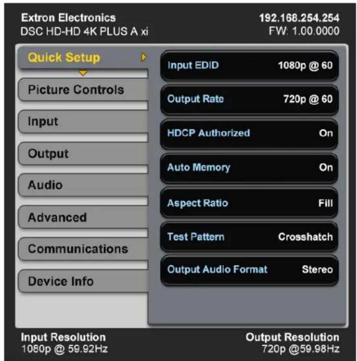 Extron Electronics DSC HD-HD 4K PLUS A xi 192.168.254.254 FW: 1.00.0000 Quick Setup Picture Controls Input Output Audio Advanced Communications Device Info Input EDID 1080p @ 60 Output Rate 720p @ 60 HDCP Authorized On Auto Memory On Aspect Ratio Fill Test Pattern Crosshatch Output Audio Format Stereo Input Resolution 1080p @ 59.92Hz Output Resolution 720p @59.98Hz