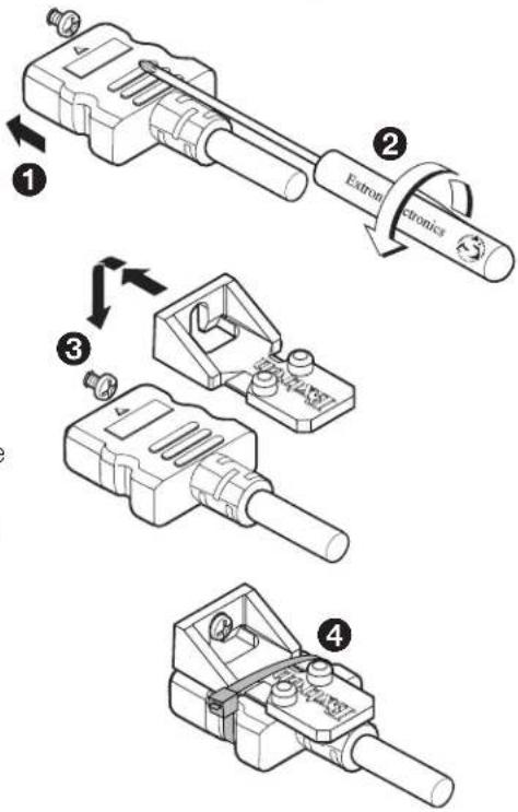 Technical diagram showing four steps of a mechanical assembly with labeled components and directional arrows indicating motion.