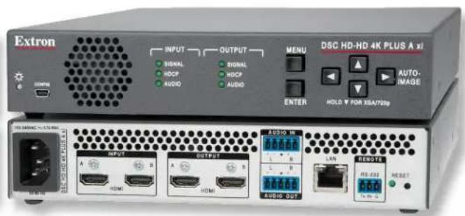 Extron INPUT OUTPUT SIGNAL SIGNAL HDCP HDCP AUDIO AUDIO MENU DSC HD-HD 4K PLUS A x1 AUTO- IMAGE ENTER HOLD Ⓧ FOR X5A/720p OUTPUT A B HDMI OUTPUT A R HDMI AUDIO M L N AUDIO OUT REDOTER RS-332 RESET