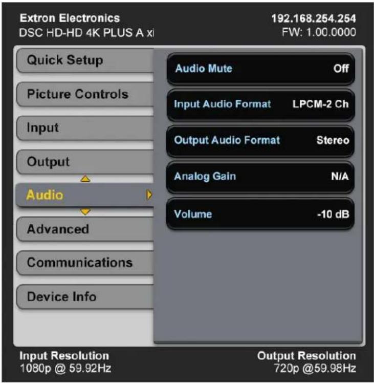 Extron Electronics DSC HD-HD 4K PLUS A xi 192.168.254.254 FW: 1.00.0000 Quick Setup Picture Controls Input Output Audio Advanced Communications Device Info Audio Mute Off Input Audio Format LPCM-2 Ch Output Audio Format Stereo Analog Gain N/A Volume -10 dB Input Resolution Output Resolution 1080p @ 59.92Hz 720p @59.98Hz