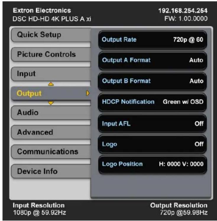 Extron Electronics DSC HD-HD 4K PLUS A xi 192.168.254.254 FW: 1.00.0000 Quick Setup Picture Controls Input Output Audio Advanced Communications Device Info Output Rate 720p @ 60 Output A Format Auto Output B Format Auto HDCP Notification Green w/ OSD Input AFL Off Logo Off Logo Position H: 0000 V: 0000 Input Resolution 1080p @ 59.92Hz Output Resolution 720p @59.98Hz