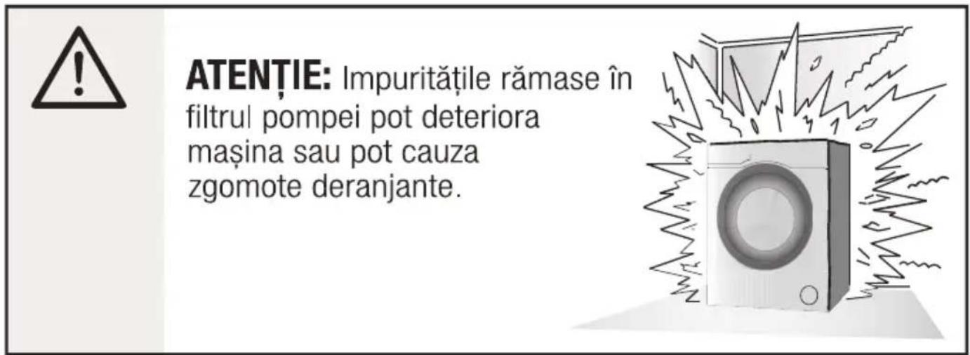 ATENTIE: Impuritățile rămase în filtrul pompei pot deteriora mașina sau pot cauza zgomote deranjante.