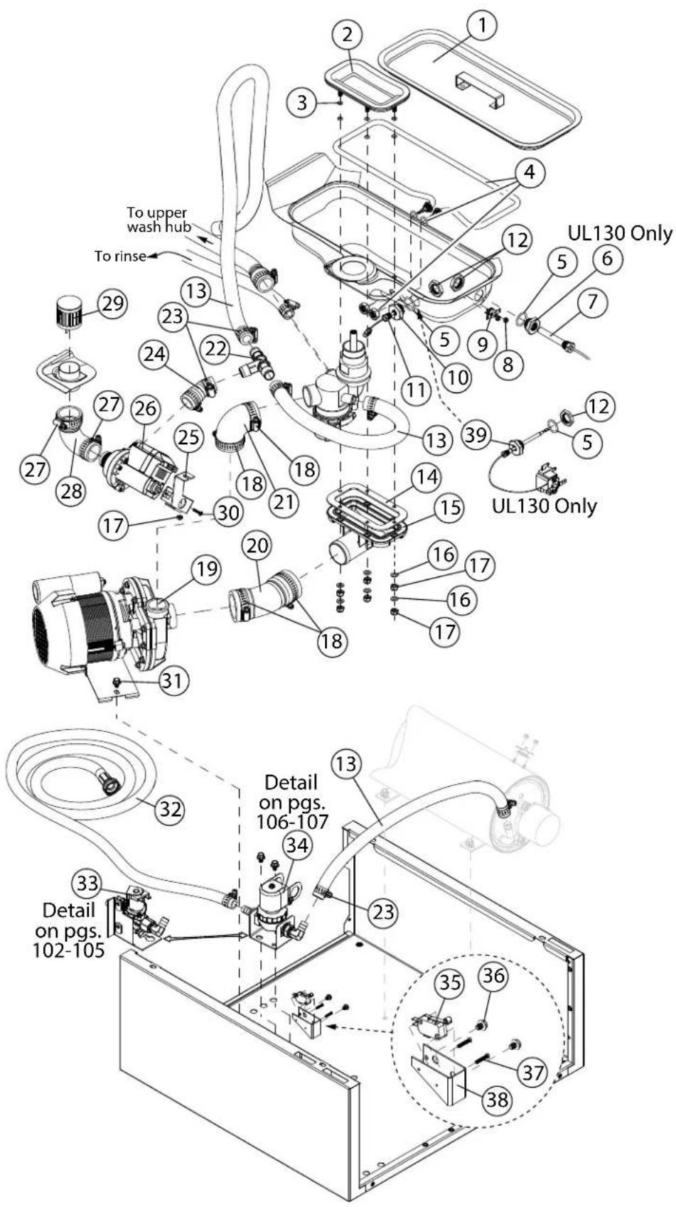 To upper wash hub To rinse UL130 Only UL130 Only Detail on pgs. 106-107 Detail on pgs. 102-105