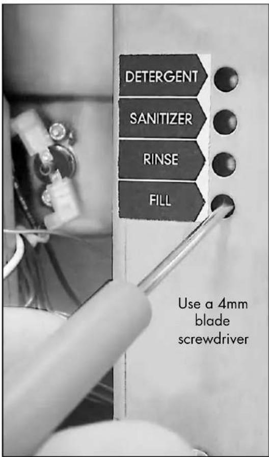 DETERGENT SANITIZER RINSE FILL Use a 4mm blade screwdriver