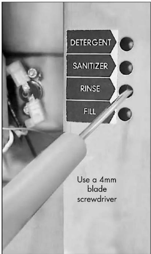 DETERGENT SANITIZER RINSE FILL Use a 4mm blade screwdriver