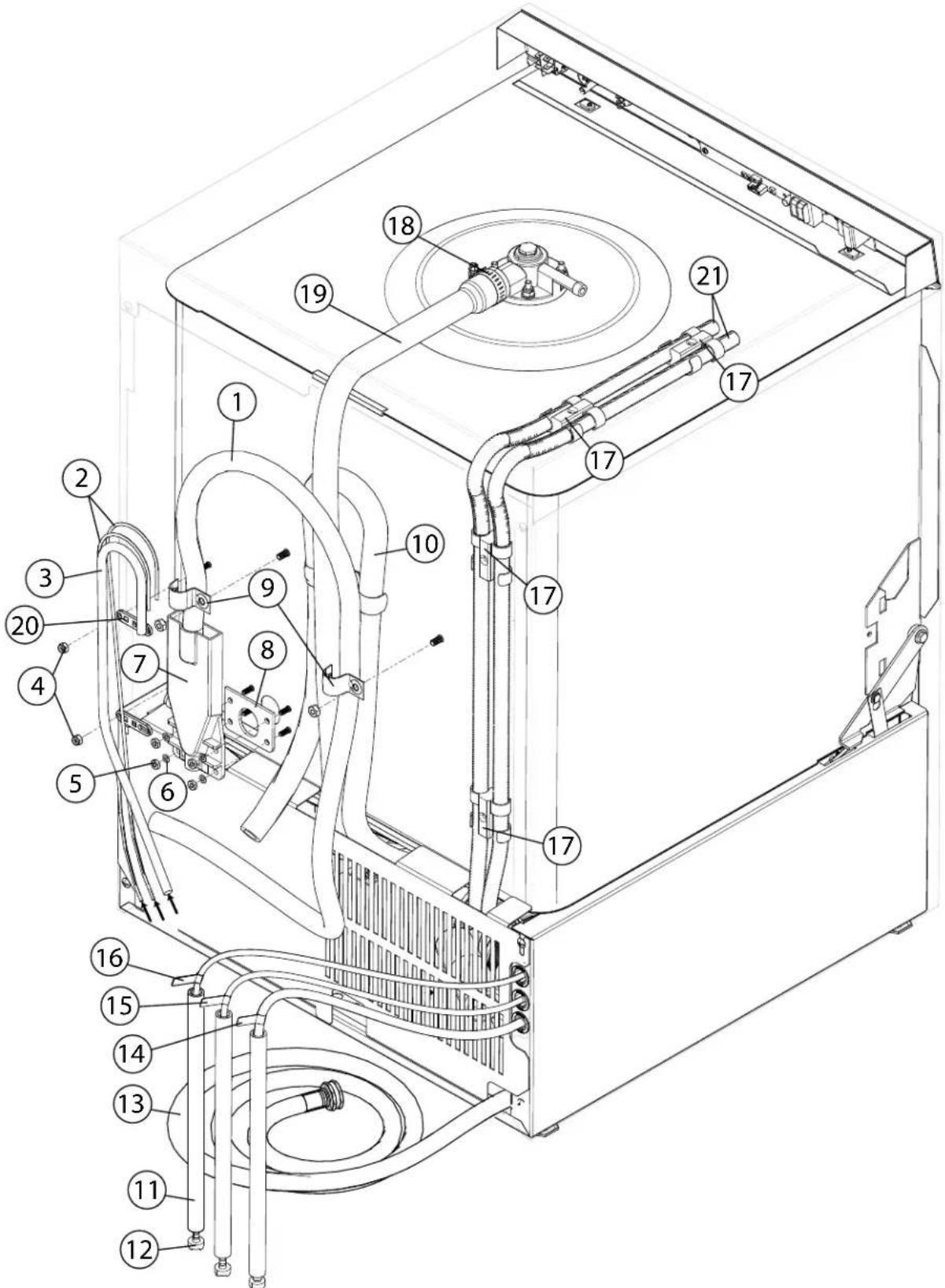 Technical diagram of a washing machine with numbered components for identification