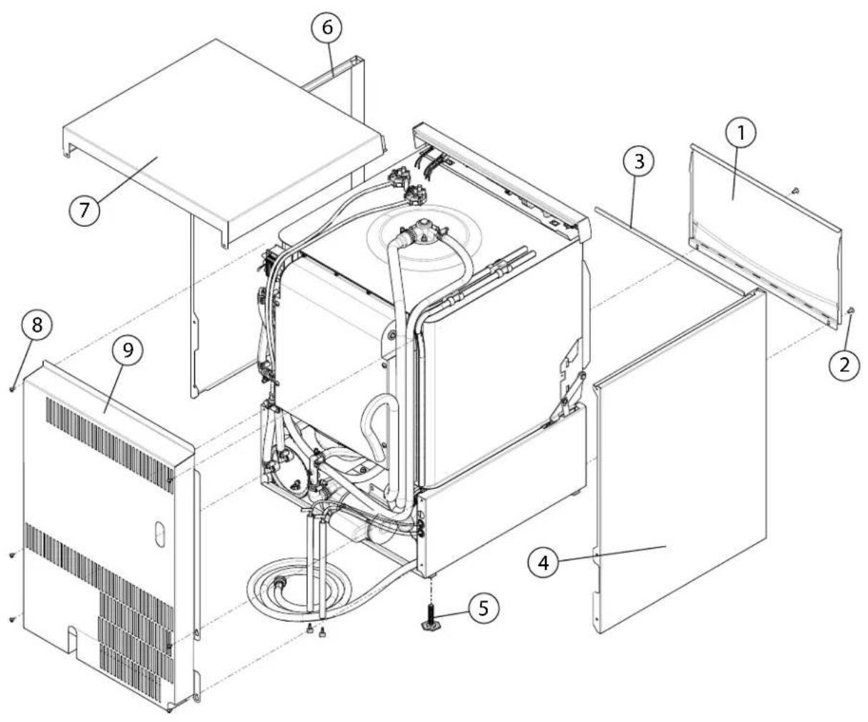 Technical diagram of a microwave oven with numbered components for identification