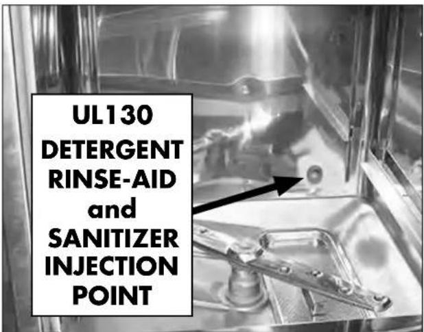 UL130 DETERGENT RINSE-AID and SANITIZER INJECTION POINT