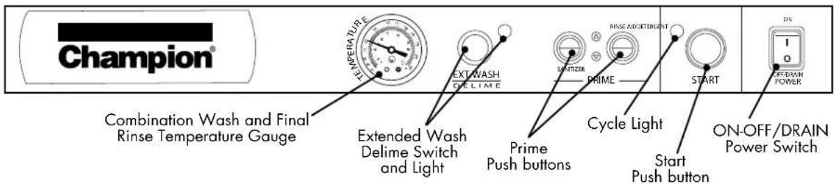 Champion® Temperature EXT/WASH DELIME SWATIZER PRIME RINSE ADJETERGENT START ON/OFF/DRAIN POWER Combination Wash and Final Rinse Temperature Gauge Extended Wash Delime Switch and Light Prime Push buttons Cycle Light Start Push button ON-OFF/DRAIN Power Switch