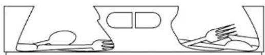 Simple line drawing of two figures in a seated or standing position, one holding a small object, the other with hands near a table (no text or symbols)