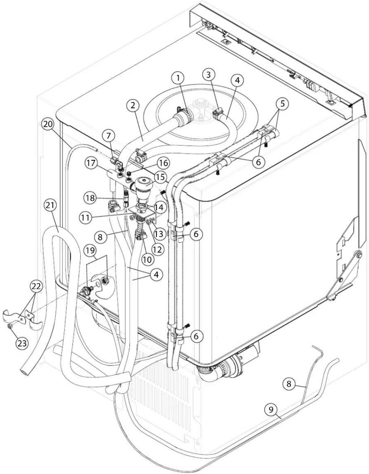 Technical diagram of a refrigerator internal components with numbered labels for identification