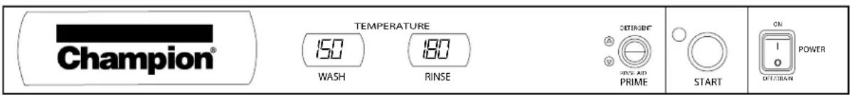 Champion® TEMPERATURE 150 WASH 180 RINSE DETERGENT A V RING AID PRIME START ON POWER OFFICAN