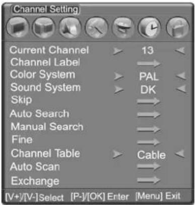 Channel Setting Current Channel ▶ 13 ◀ Channel Label → Color System ▶ PAL ◀ Sound System ▶ DK ◀ Skip → Auto Search → Manual Search → Fine → Channel Table ▶ Cable ◀ Auto Scan → Exchange → [V+]/[V-]Select [P-]/[OK] Enter [Menu] Exit
